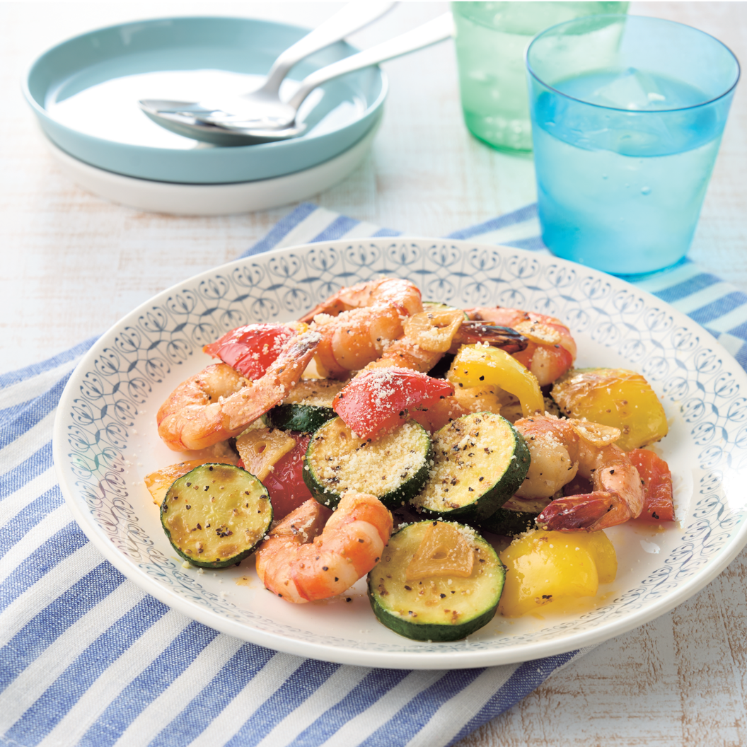 <center>カラフル夏野菜と</center><center>えびのガーリック炒め</center>