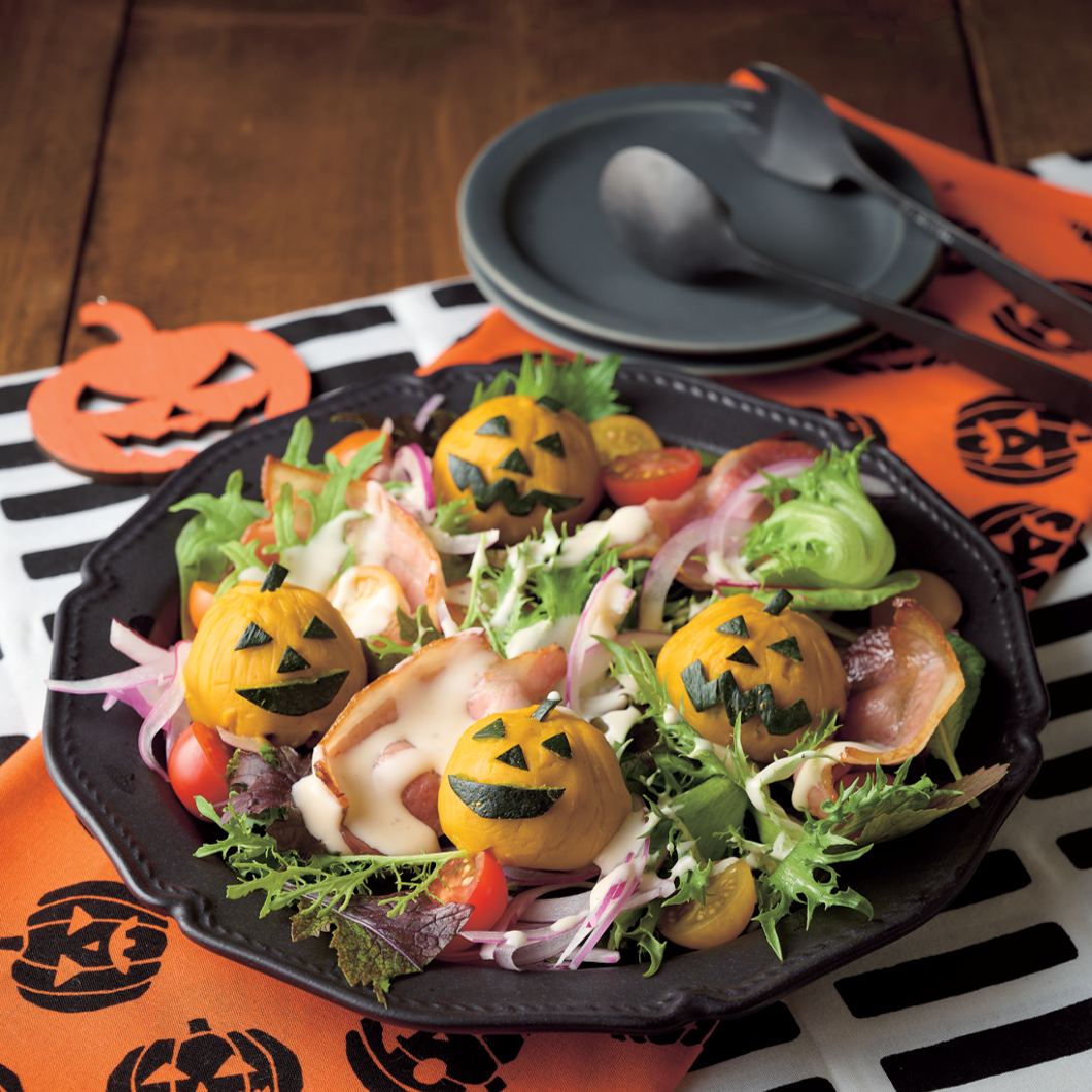 <center>マッシュかぼちゃの</center><center>おばけサラダ</center>