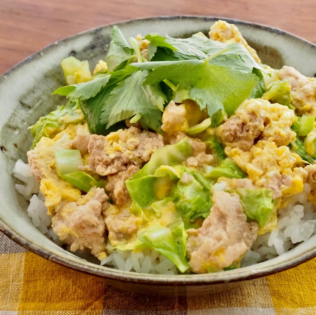 <center>ひき肉と春キャベツの</center><center>卵とじ丼</center>